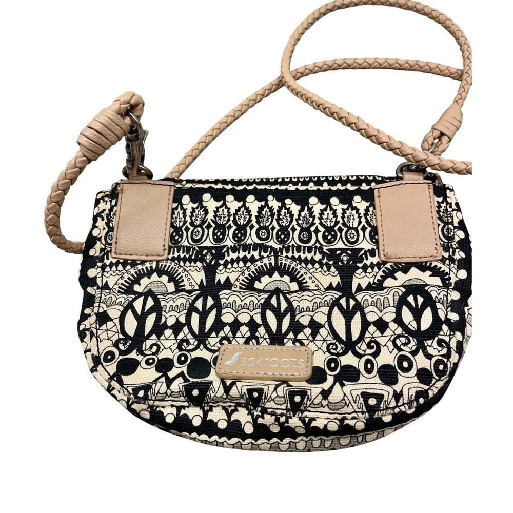 Sakroots Crossbody Bag Beige Black Pattern Bird Print Canvas Purse Small